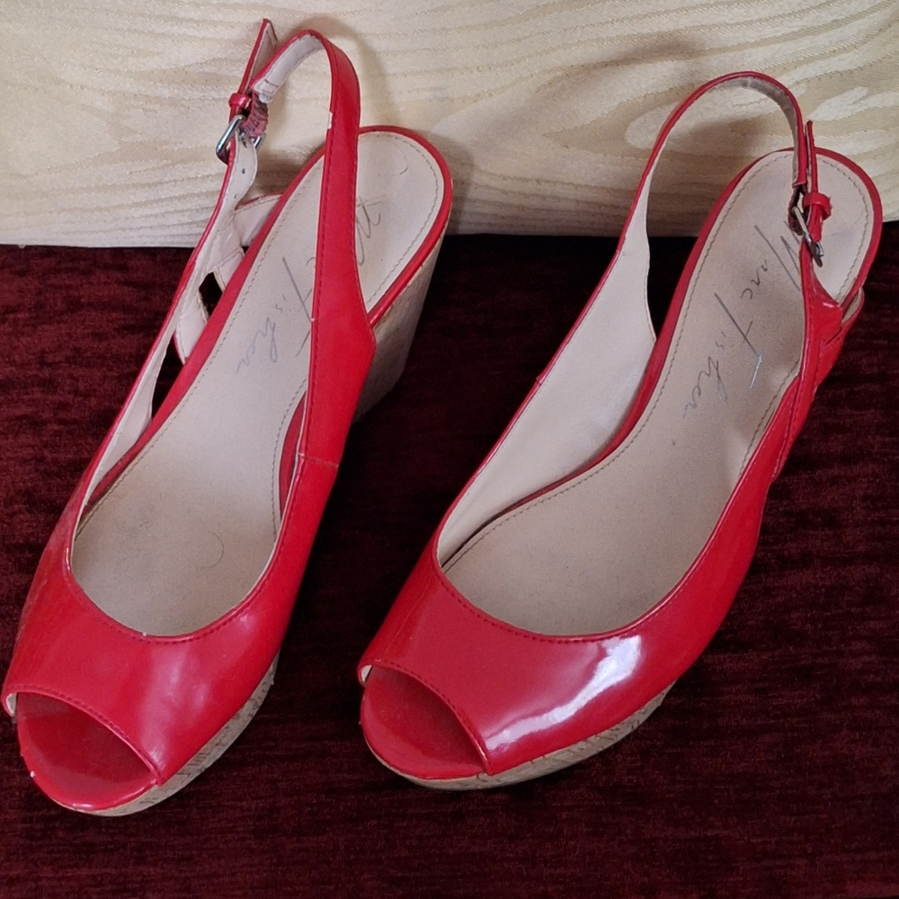 14 Red Patent WedgePeepToe Sling back Sandals  by Marc Fisher